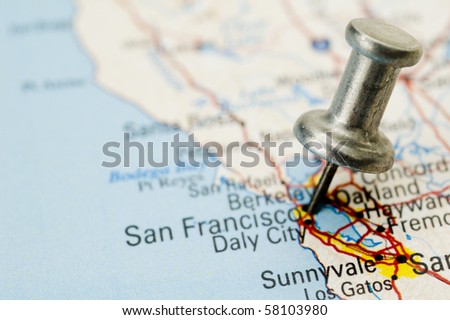 San Francisco with Push Pin. Map is Copyright Free Off a Government Website.