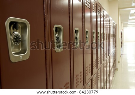 Red Lockers in Hallway - stock photo