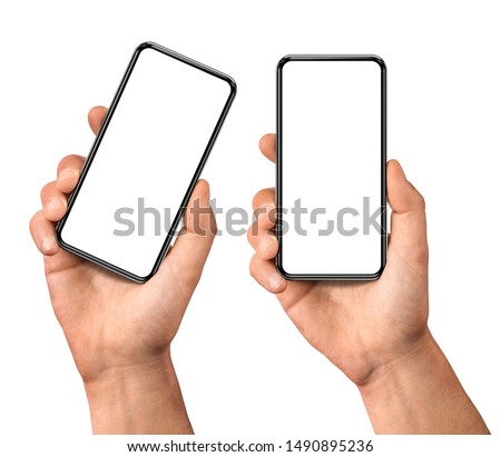 Man hand holding the black smartphone  blank screen with modern frameless design, two positions vertical and rotated - isolated on white background 商業照片 © 