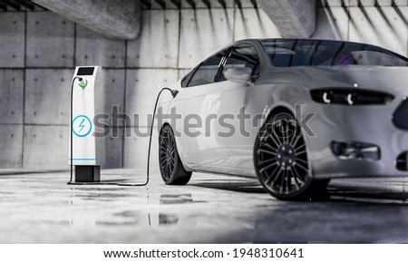 Charging an electric car with a public charger in a parking lot - 3d rendering