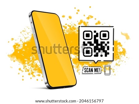 Qr Code SCAN ME template with a smartphone for application screenshot presentation in orange paint splash style. EPS 10 vector format
