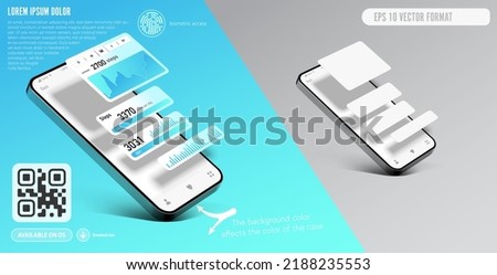Smartphone application template with app frames that pop up from the screen - realistic vector graphics for the presentation of a mobile application with a description and QR code link