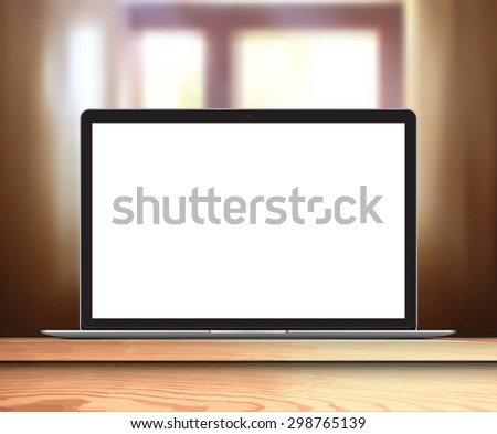 Laptop with blank screen on table in living room - realistic vector illustration eps 10 format