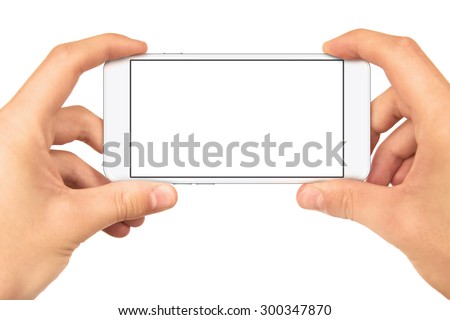 Man hand holding horizontal the black smartphone with blank screen, isolated on white background,