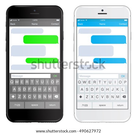 Smartphone black and white, chatting sms app template bubbles, black and white theme. Place your own text to the message clouds. Compose dialogues using samples bubbles! Eps 10 format