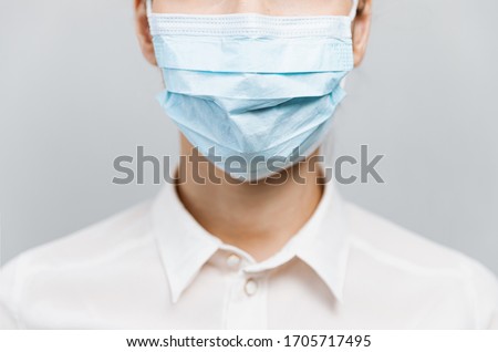 Doctor wearing protection face mask against covid-19. Banner panorama medical staff preventive gear about coronavirus. Woman in medical mask stops 2019-nCov Stock fotó © 