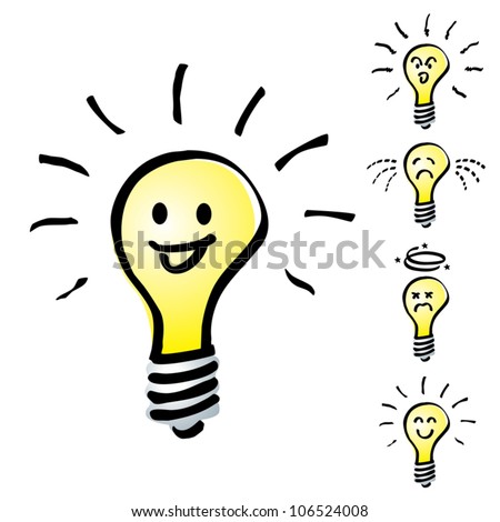 Light bulbs or Tungsten bulb in Hand drawn or cartoon isolate on white background. Set of Hand drawn or cartoon light bulbs in mood or emotion happy, smile, sad, indifferent, cheerful and dizzy.