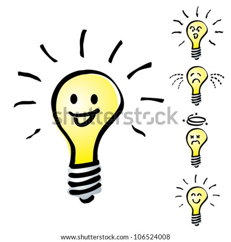 Set of Hand drawn, cartoon light bulbs, Tungsten bulb in mood or emotion happy, smile, sad, indifferent, cheerful and dizzy