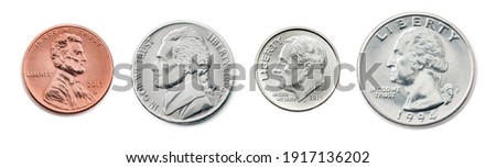 A quarter, dime, nickel, penny. the most common used American Coins. Collection of US coins in the united states one, half, quarter dollar and 1 cent coin isolated on white background with clip path. Foto d'archivio © 