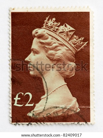 UNITED KINGDOM - CIRCA 1977 to 1984: An English £2 Used Postage Stamp showing Portrait of Queen Elizabeth 2nd, circa 1977 to 1984