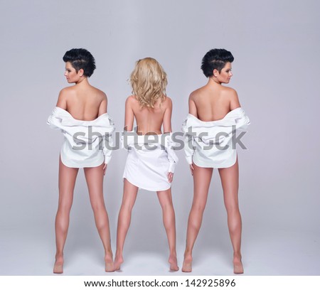 Three beauty woman only in shirt