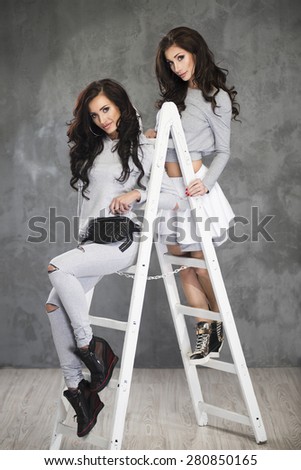 Two Pretty cheerful fashion  model on ladder in studio