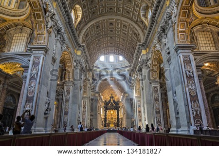VATICAN - AUGUST 19 : Indoor St. Peter\'s Basilica on August 19, 2012 in Rome, Italy. St. Peter\'s Basilica until recently was considered largest Christian church in world.