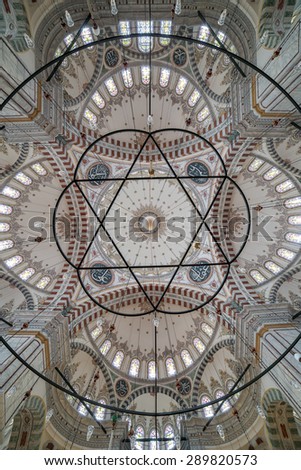 Istanbul, Turkey - October 28, 2014. Interior view of Fatih Mosque on October 28, 2014.\
 Ceiling of Fatih Mosque in Istanbul, Turkey.