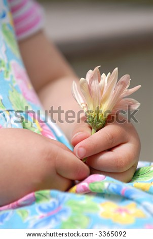 Little girl hands holding flower on colorful flower dress