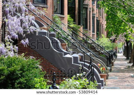 Victorian architecture of Boston South End residential district. Classic, elegant row house apartments