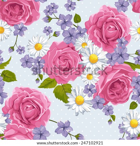 Seamless wallpaper pattern with  pink roses and camomile on design background, vector illustration.