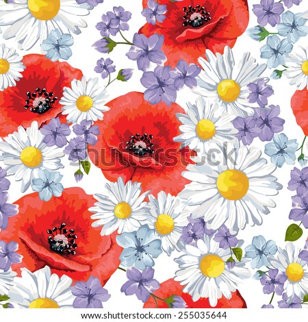 Seamless  pattern with flowers. Summer backgrund. Poppy and chamomile, vector illustration.