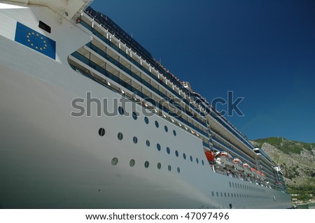 Part Of A Large White Cruise Ship, Cabins, Rescue Boats, Deck