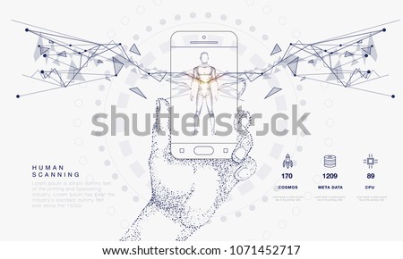 Innovations systems connecting people and robots devices. Future technologies in automatics cyborg systems and computers industry from awesome internet developments. Geometry style with linear pictogr