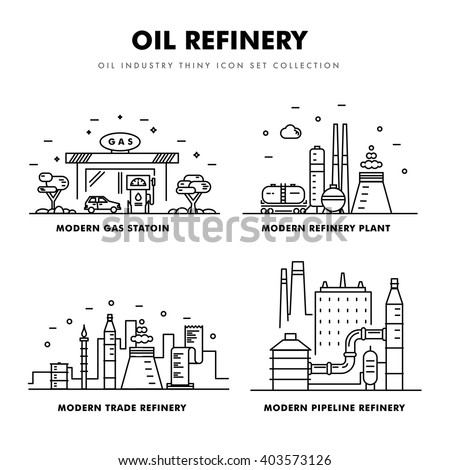 Modern petrol industry thin block line flat icons and composition with gas station technology  and development gasoline program in black and white style