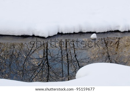 Winter forest is reflected in the water. Water-sides of stream are coated with snow.