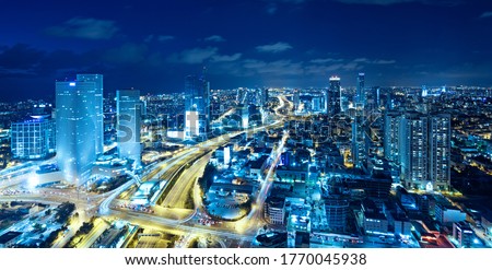 Panorama Of Tel Aviv Skyline At Night,  Tel Aviv Cityscape , Israel Stock fotó © 
