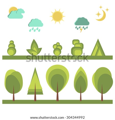 Set of landscape elements for flat design. Collection of trees, bushes, sun, moon, stars, clouds, rain drops, lightning. Vector illustration