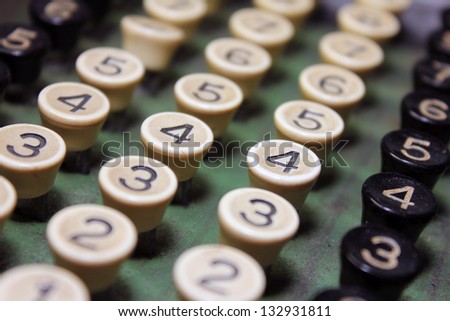 close up of number keys on antique adding machine with focus on number four