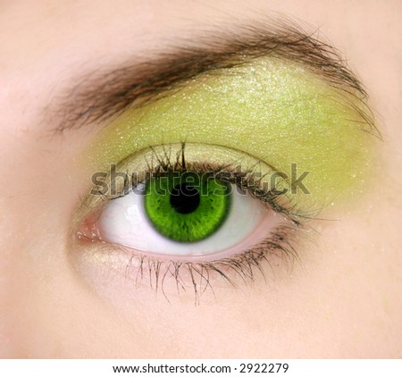 Closeup of green eye with makeup, selective focus on eye.