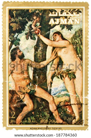 AJMAN CIRCA 1971 - A stamp printed in Ajman shows Adam and Eve, The Fall, Painting by Raphael Sanzio da Urbino