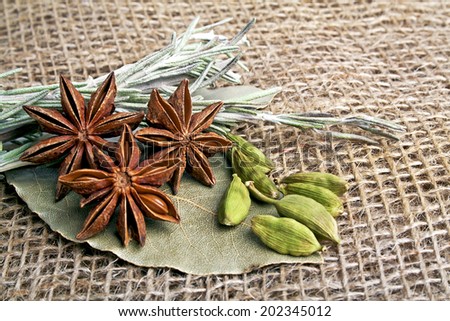 Anise, laurel leaf, cardamom and rosemary on burlap background. Spices.