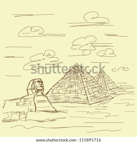 vintage hand drawn illustration of famous tourist destination sphinx and pyramids of Egypt.