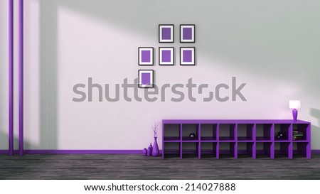 purple shelf with vases, books and lamp