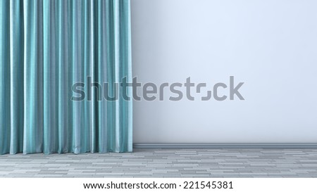 Empty room with green curtains. 3D illustration