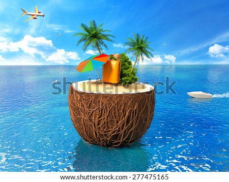 Vacation concept. Palm tree, suitcase and an umbrella in a coconut