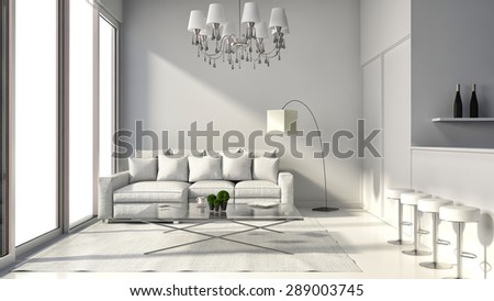 Interior of the modern design loft with lamp, sofa and bar. 3D illustration