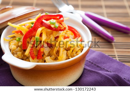 porridge pot of lentils with vegetables, closeup
