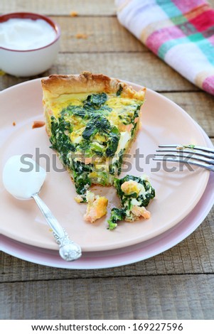 quiche with salted salmon, food closeup