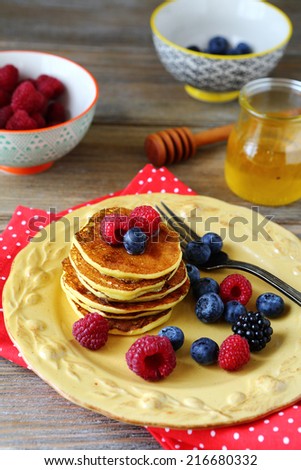 Fresh sweet pancakes with mix berries, food closeup