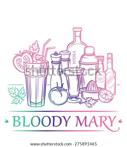 Cocktail Bloody Mary with ingredients ( vodka, tomato juice, lemon, celery, Tabasco sauce, Worcestershire sauce, salt, ground black pepper, ice cubes, tomato ) and barman's instruments