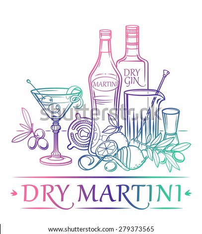 Cocktail Dry Martini with ingredients ( Gin, dry vermouth, lemon, olives, ice cubes ) and barman's instruments