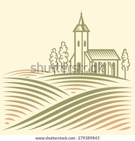 Rural landscape with fields and Catholic temple