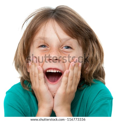 Close up portrait of boy with surprising face expression.Isolated on white.
