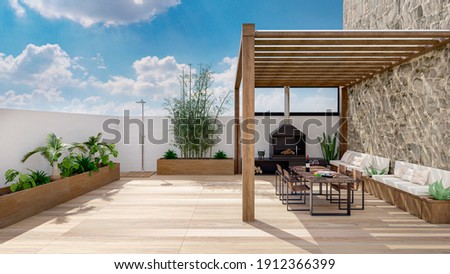 3D illustration of urban patio with cozy fireplace and natural plants. Table and chairs under teak wood pergola and wooden flooring.