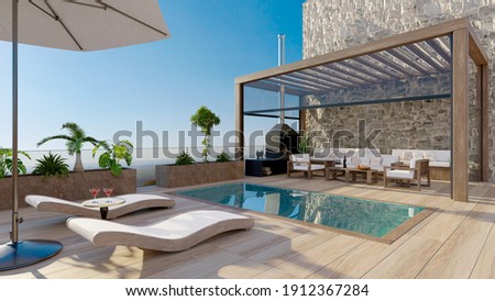 3D render of luxury contemporary outdoor wooden patio with swimming pool.Deck chairs with umbrella and fruit cocktails next to water. Bioclimatic pergola and teak wood flooring. 