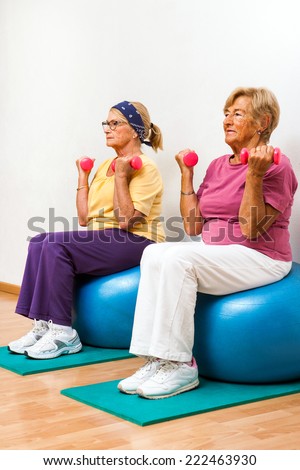 Portrait of two Senior women exercising muscles with weights in health club.