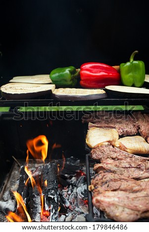 food meat - vegs, chicken and beef on party summer barbecue grill. Shallow dof.