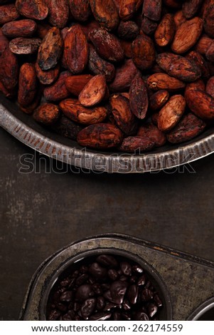 roasted cocoa chocolate beans in Vintage tin and chocolate in baking tin  on metalbackground