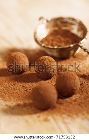 chocolate truffles cocoa powder dusted and sieve, shallow dof